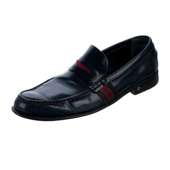 Louis Vuitton Men’s Navy Blue Leather Penny Loafers with Fabric Design Size 8.5 - Picture 1 of 12